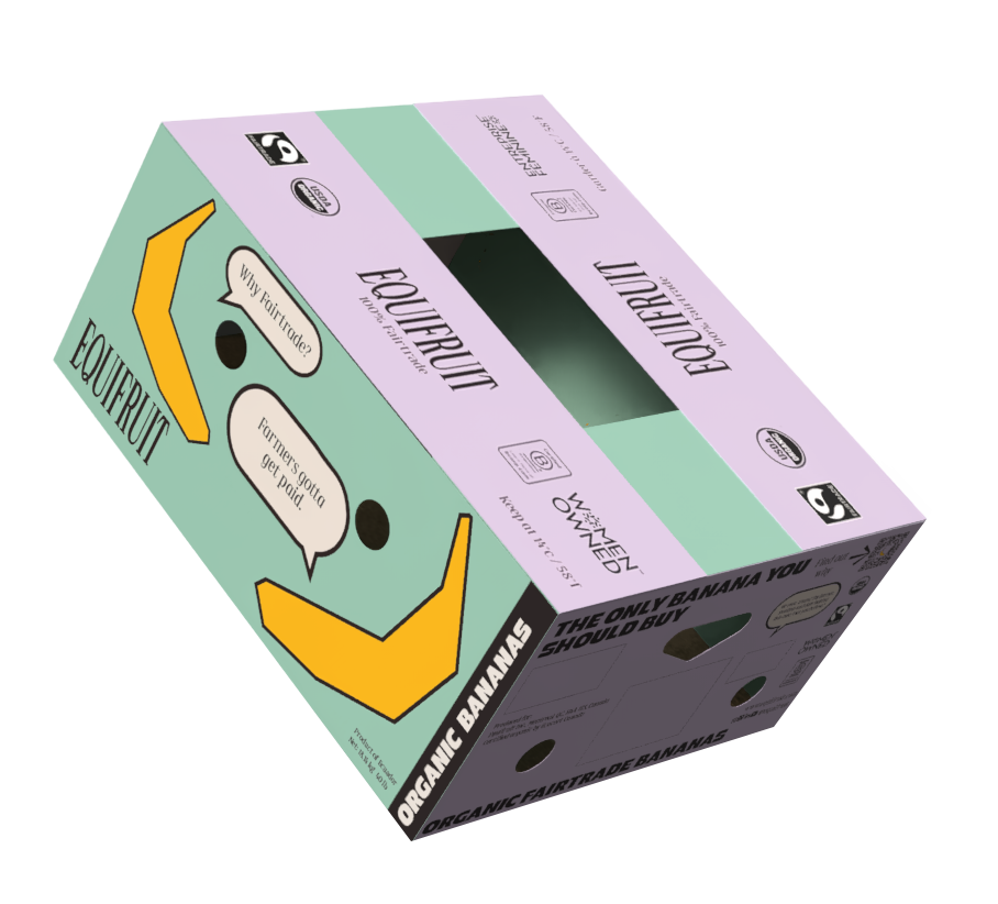 Equifruit organic Fairtrade banana box packaging with fair trade messaging and certifications