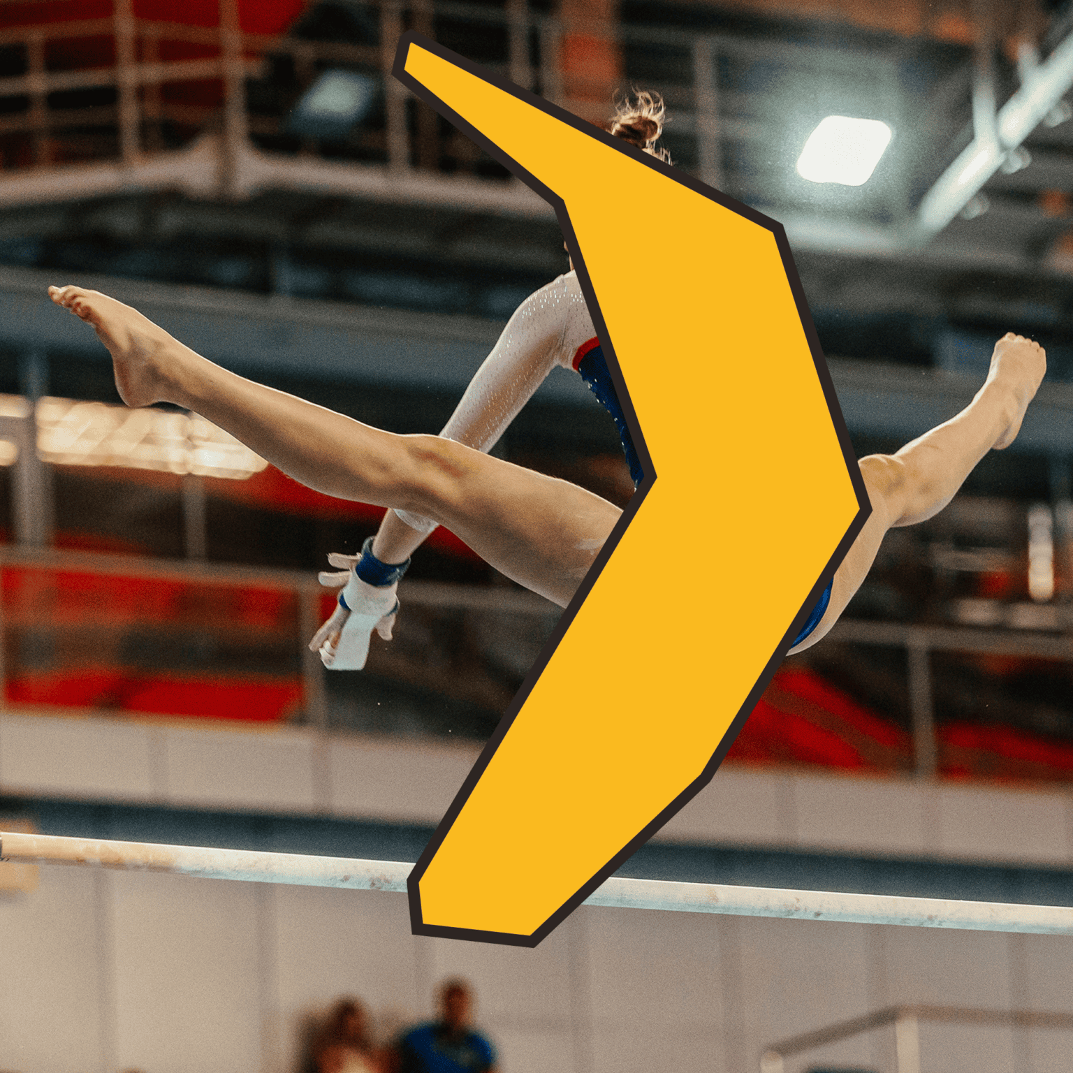 Gymnast on balance beam with Equifruit Fairtrade banana graphic symbolizing athletic strength and performance
