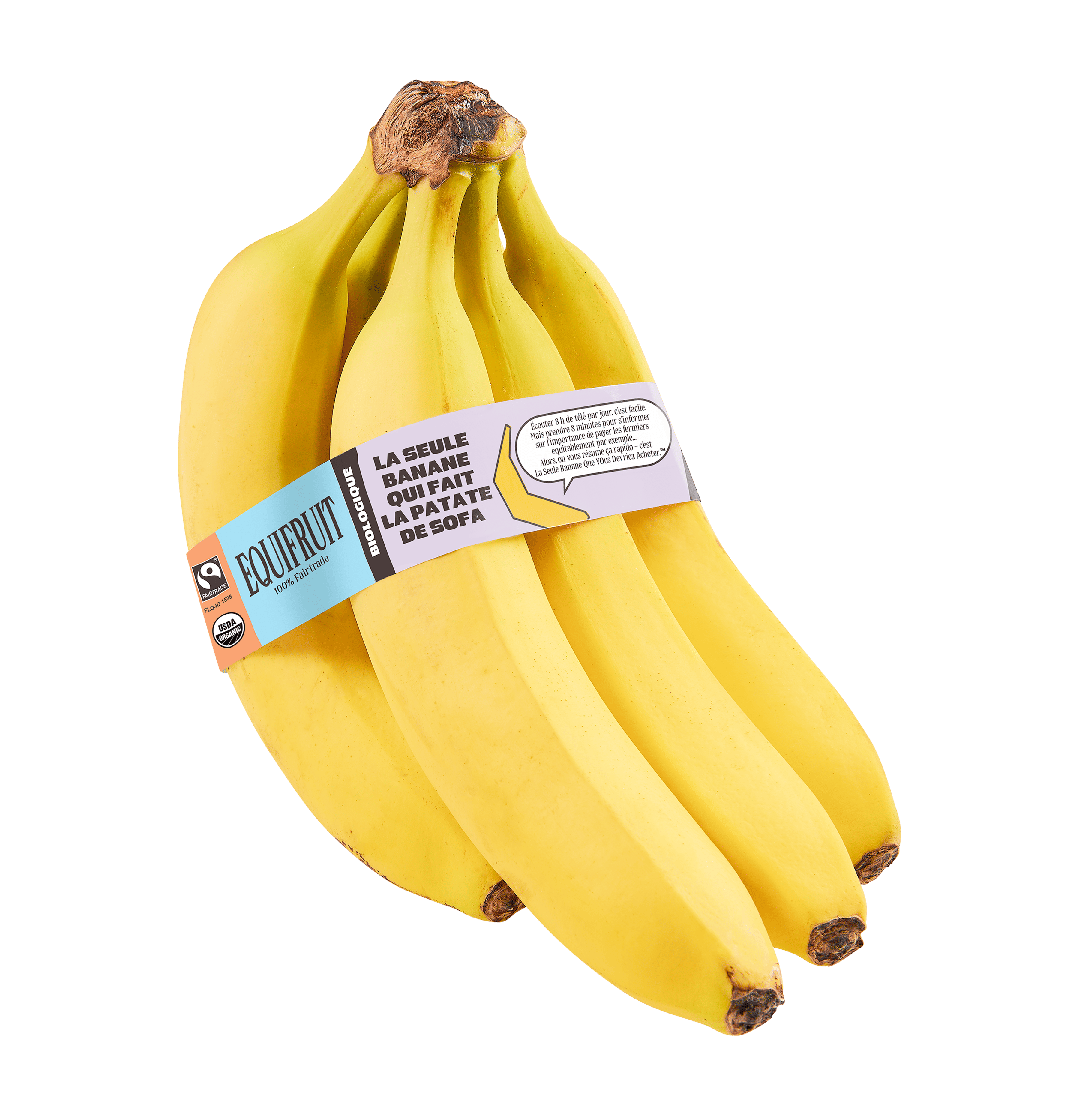 Equifruit organic Fairtrade banana bunch featuring a label with farmer impact story and certifications.